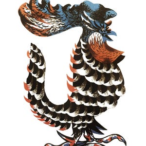 May include: A stylized illustration of a rooster in shades of black, white, blue, and orange. The rooster has a detailed feather pattern and stands on two feet. The artwork is set against a clean white background.