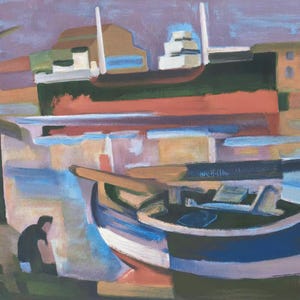 May include: An abstract painting of a harbor scene. A blue and white boat is in the foreground, with a larger ship and buildings in the background. The color palette includes blues, oranges, and purples. The artist's signature is in the lower left corner.