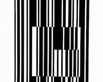 May include: Black and white abstract geometric pattern with vertical lines and rectangles.