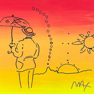 Peter Max, Umbrella Man, Hand Signed, Mixed Media Watercolor and Silkscreen Painting