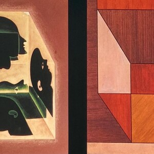 May include: Abstract artwork featuring two panels. The left panel shows black silhouettes of human faces within a geometric shape, set against a light background. The right panel displays a geometric design with various shades of brown and orange.