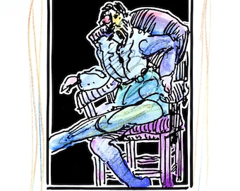 May include: A colorful watercolor illustration of a person seated in a chair, rendered in shades of blue, green, and purple against a black backdrop. The artwork is framed with a black border and includes a signature and stamp.