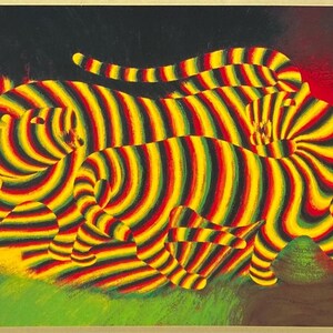 May include: Abstract artwork featuring three stylized zebra-like figures. The animals are rendered with bold, colorful stripes in yellow, red, green, and black. The background has a gradient of yellow, green, and red hues.