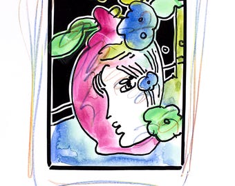 Peter Max, Perfil con jarrón, Serie Blanco y Negro, Firmado a mano, Edición oficial Técnica mixta