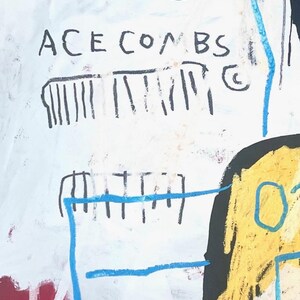 Puede incluir: Pintura abstracta sobre fondo blanco con elementos negros, azules, amarillos y rojos. El texto "ACE COMBS" est&aacute; escrito en negro, junto con otro texto que dice "SELF PORTRAIT AS A HEEL".