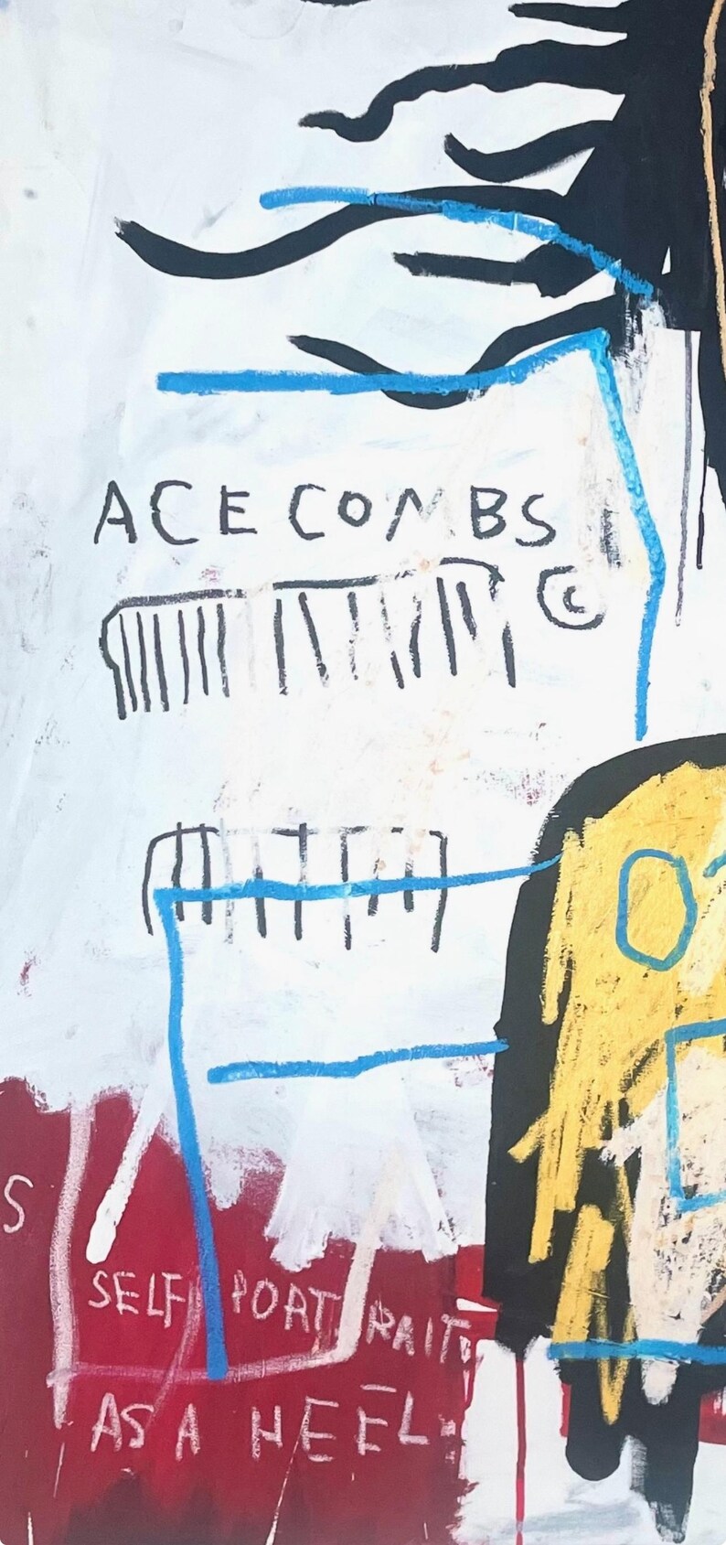 Puede incluir: Pintura abstracta sobre fondo blanco con elementos negros, azules, amarillos y rojos. El texto "ACE COMBS" est&aacute; escrito en negro, junto con otro texto que dice "SELF PORTRAIT AS A HEEL".