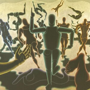 May include: Abstract art print featuring a group of stylized figures in various shades of green, blue, orange, and brown. The figures are depicted in a dynamic, energetic pose, suggesting movement and action. The background is a textured, light beige color.