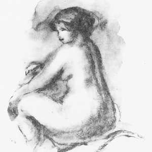 May include: A charcoal sketch of a seated figure, rendered in shades of gray and white. The figure is depicted from the side, with a focus on the back and shoulders. The artist's signature is visible in the lower right corner. The artwork evokes a sense of classical art.