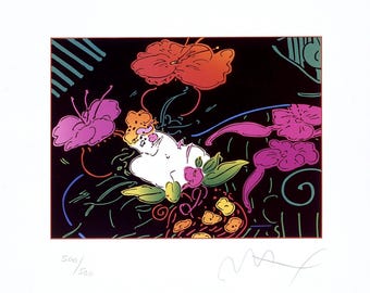 Peter Max, Dama con flores flotantes, litografía oficial de edición limitada firmada a mano
