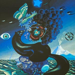 May include: A surrealist painting featuring a black cat with a long tail, a bunch of dark blue grapes, a green butterfly, a blue eye, a blue flower, a blue star, a volcano, a gear, and a blue ocean.