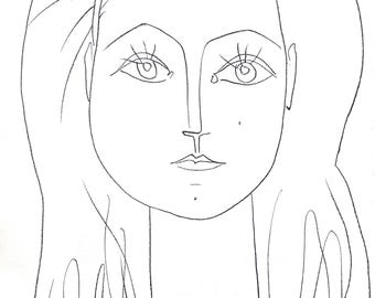 May include: A black and white line drawing of a woman's face. The artwork features long hair, detailed eyelashes, and a small bow. The artist's signature is at the bottom right, and there is text in the top left corner.