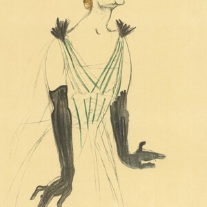 May include: A hand-drawn illustration of a person wearing a white dress with green stripes and black gloves. The person has red lips and is looking up.