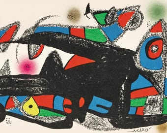 ジョアン・ミロ作、オリジナルサイン入りリトグラフ：抽象水彩画、額装