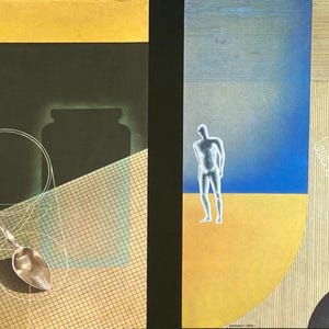 May include: A collage of two images. The left image shows a silver spoon on a grid pattern with a jar in the background. The right image shows a translucent figure standing on a yellow and blue background with a brain-shaped object in the top right corner.