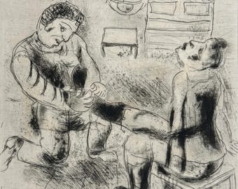 Marc Chagall, Petrushka se quita las botas, de Almas muertas, grabado de edición limitada, 1923-1927