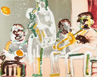 Può includere: Un dipinto astratto che raffigura quattro figure che suonano strumenti musicali. Le figure sono dipinte in tonalità di bianco, grigio, marrone e verde, con spruzzi di giallo e rosso. Il dipinto ha uno stile sciolto e gestuale, con pennellate audaci e un senso di movimento.