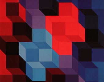 May include: Abstract geometric art print featuring a pattern of red, blue, black, and purple cubes. The cubes are arranged in a three-dimensional pattern, creating an optical illusion.