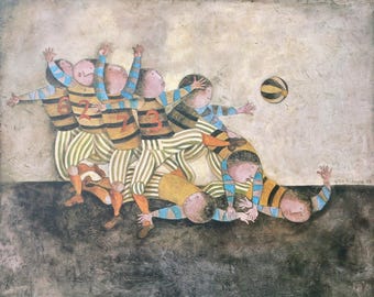 May include: A painting of a group of people playing soccer. The players are wearing striped jerseys with numbers on them. The ball is in the air and one player is reaching for it. The painting is done in a cartoon style with bright colors.