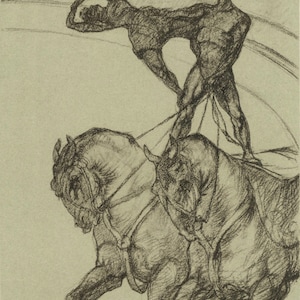 May include: A black and white pencil drawing of a circus act. Two figures are performing a stunt while standing on the backs of two horses. The figures are connected by ropes to the horses.