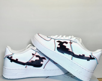 Baskets personnalisées à effet glitch | Chaussures Nike Pixel peintes à la main | Baskets d'art numérique personnalisées | Chaussures streetwear personnalisées