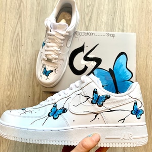 Custom Blue Butterfly Sneakers - Hand-Painted Monarch Design on Tree Branches, Personalized Streetwear