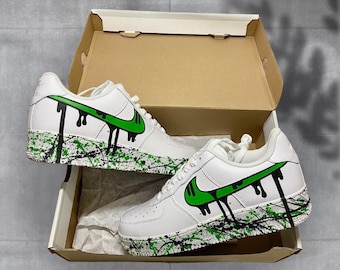 Custom Green Drippy Sneakers | Hand-Painted Drip Design Shoes | Personalized Green Drip Nikes | Custom Splatter Sneakers