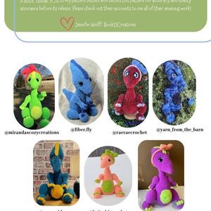 May include: A collection of crocheted dinosaur toys in various colors, including green, blue, red, and purple. Each dinosaur is sitting on a surface with a white background. The image includes the social media handles of the crocheters who made the toys.