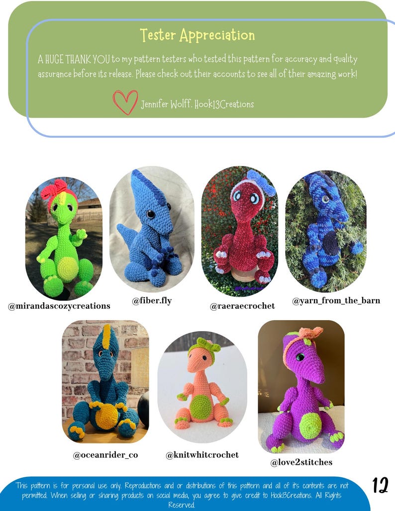 May include: A collection of crocheted dinosaur toys in various colors, including green, blue, red, and purple. Each dinosaur is sitting on a surface with a white background. The image includes the social media handles of the crocheters who made the toys.