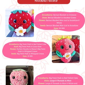 Puede incluir: Tres juguetes amigurumi de fresa tejidos a crochet con diferentes materiales y colores. La primera fresa es roja con hojas verdes y una flor blanca. La segunda fresa es roja con semillas blancas y una flor blanca. La tercera fresa es rosa con hojas verdes y una flor blanca. La imagen incluye texto que enumera los materiales necesarios para cada fresa.