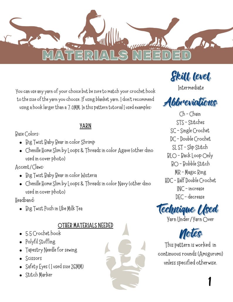 May include: Materials needed for a crochet dinosaur amigurumi pattern. The list includes yarn colors, crochet hook size, stuffing, safety eyes, and other materials. The skill level is listed as intermediate. The pattern is worked in continuous rounds, unless specified otherwise.