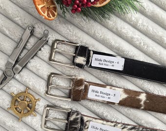 Cinturón de piel de vacuno auténtica - Cinturón western con pelo para hombre y mujer - Correa de piel de vacuno hecha a mano - Cinturón de rodeo estilo vaquero - Regalo de Navidad
