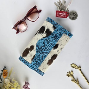 Portefeuille en cuir pour femme | Pochette en cuir de vachette véritable | Porte-monnaie en cuir gaufré pour femmes | Cadeaux occidentaux faits main | Portefeuilles cow-girl
