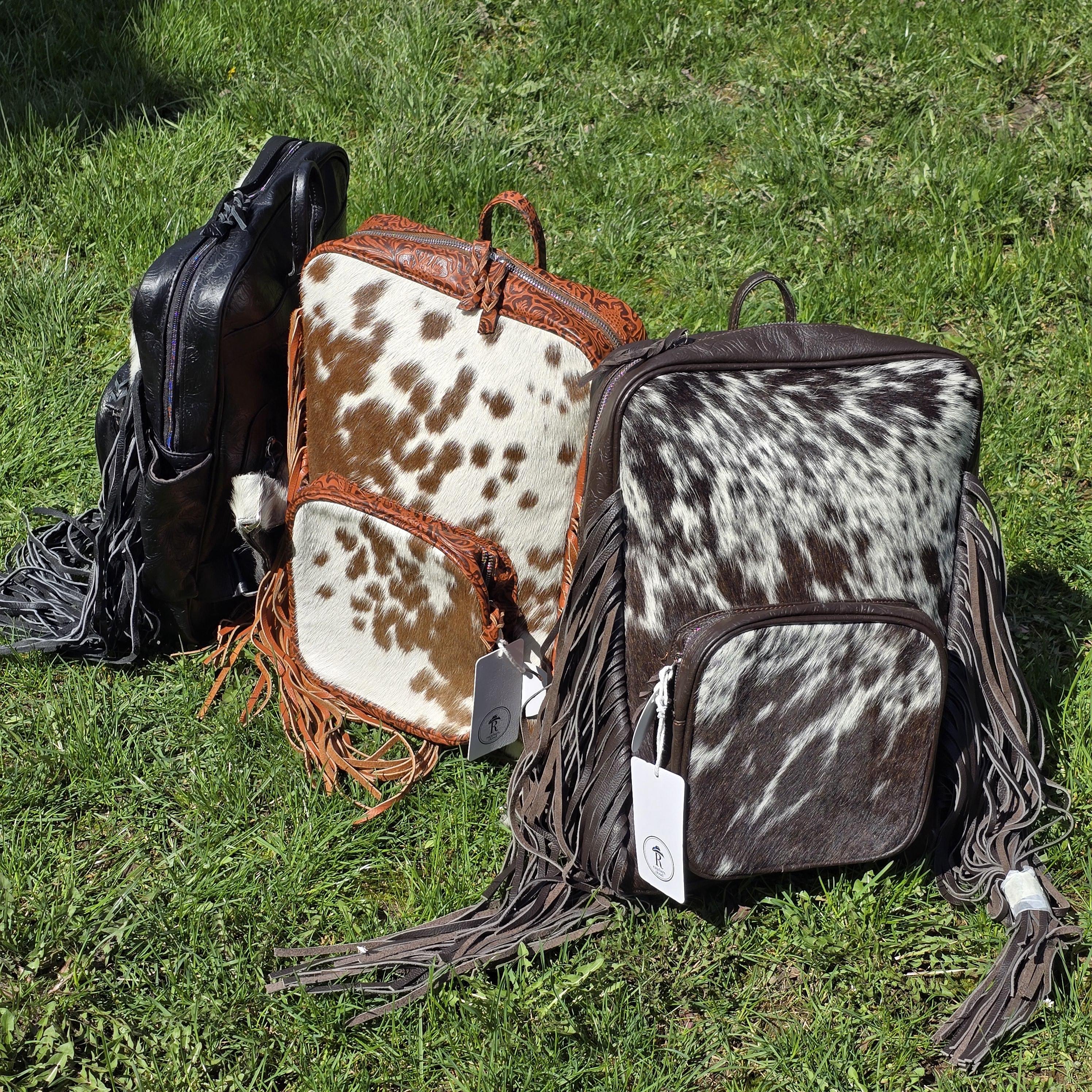 Cattle Boss Western Boho Backpack Cowhide Backpack Fringe Leopard Turquoise Western Boho Travel Tooled Leather Rainbow Sparkle Cowhide  main image 2