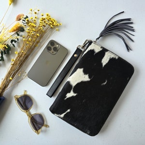 Cartera de cuero negro / embrague de cuero genuino de cuero de vaca / bolso de cuero de las señoras con pelo con espejo / regalo occidental hecho a mano / pulsera y borla