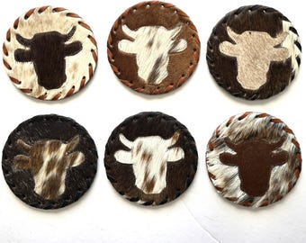4 sous-verres de vache en peau de vache - décoration de maison sous-verres pour boissons fabriqués à la main - accessoires de café - sous-verres de bureau bohème - cuir, cadeau de Noël occidental