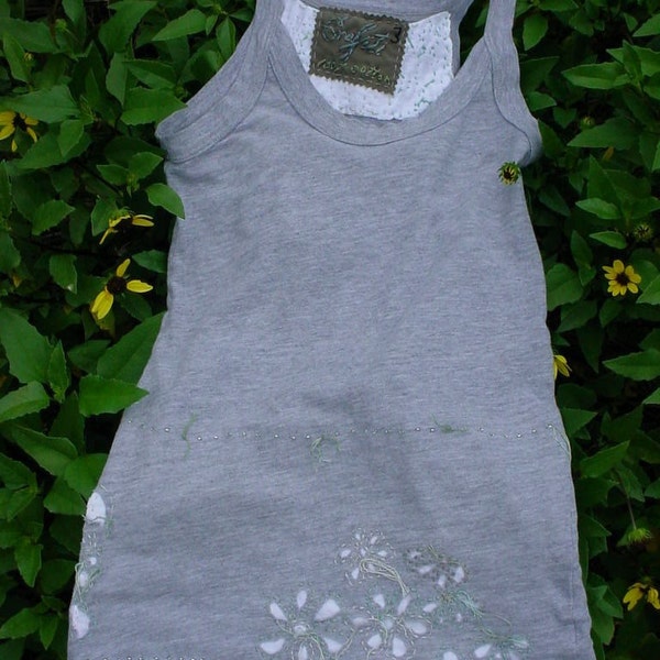 Upcycled Cotton Camisole, Emboidered, Reverse Applique, Glass Beads  XS, Repurposed fashion for women, layered tissue cotton, grey gray tank
