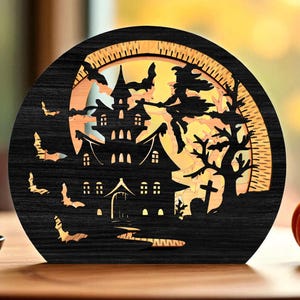 DIY Haunted House Witch Lantern | Layered Wooden Halloween Light Box | Spooky Bat & Graveyard Scene | Creepy Decor for DIY Lovers