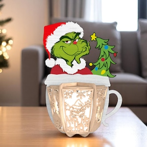 DIY Holiday Cartoon Mug Lantern | Green Mischievous Character in Santa Hat | Wooden Christmas Cup Light Box | Funny Laser Cut Craft