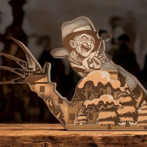 Decoración de madera con icono de terror de Halloween / Letrero de bosque embrujado con garra de pesadilla / Escena de película de terror multicapa / Decoración de estante espeluznante