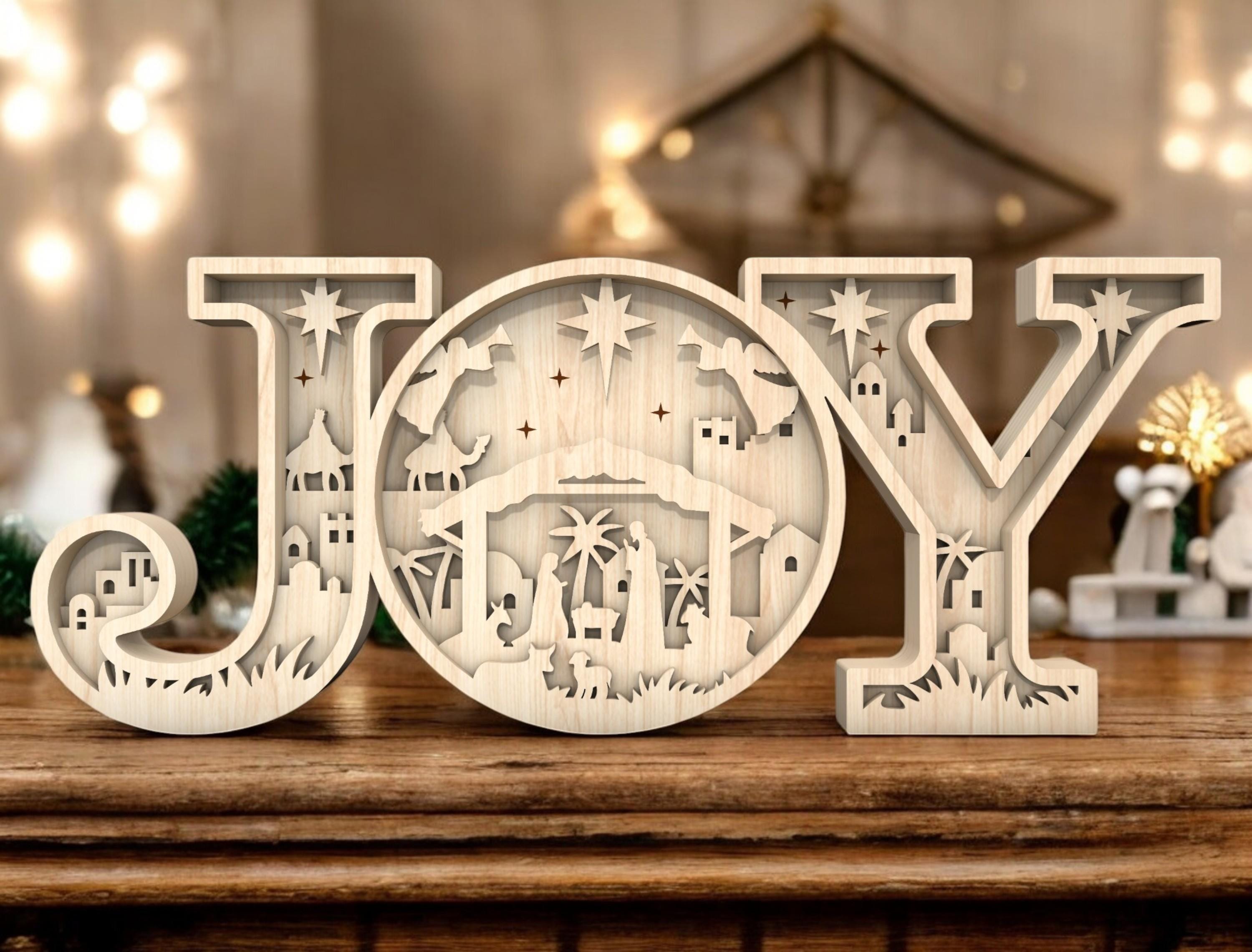 3D Carved Wooden JOY Letter Ornaments, JOY Nativity Christmas Sign, Religious Wood Shelf Decor, Christian Manger Scene Holiday Word Art
