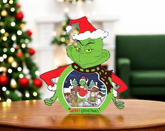 Cartoon Style Xmas Ornament Scene | Multilayer Holiday Shelf Decor | Funny Green Christmas Character Sign | Whimsical Winter Gift