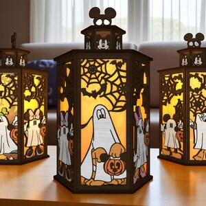 Lanterna fai da te a forma di amici fantasma di Halloween, simpatica scatola luminosa "Dolcetto o scherzetto" a forma di cartone animato, decorazione a forma di zucca ragnatela tagliata al laser, kit per lavoretti in legno per feste di bambini