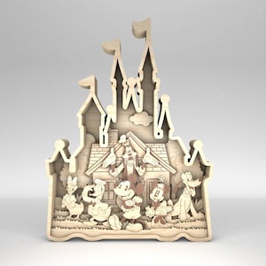 Castello magico multistrato 3D tagliato al laser SVG, pezzo d'arte a 9 strati del fumetto del regno magico del mouse per Glowforge