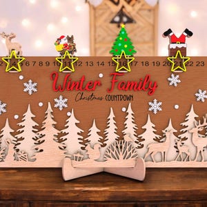 Calendario de Adviento con ciervos del bosque, cuenta regresiva navideña familiar de invierno, decoración navideña con escena de bosque cortada a láser, seguimiento de cuenta regresiva para niños