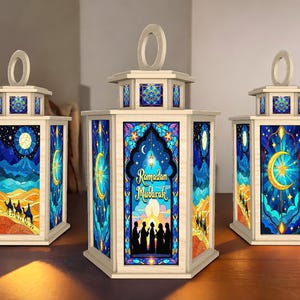 Ramadan Mubarak Lantern with Stained Glass Look, Islamic Eid Decor, Wooden Ramadan Light, Muslim Gift, Ramadan Table Decor