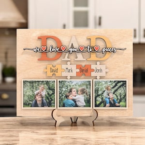 Gepersonaliseerde fotopuzzel, cadeau papa puzzel fotolijstje, bord We Love You to Pieces, houten vaderdaglijst, puzzelnaam en fotobord