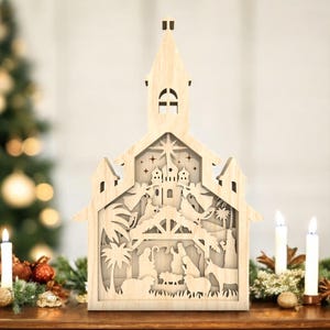 Znak Bożego Narodzenia w kościele | Warstwowa drewniana scena żłobu | Religijna wystawa stołu świątecznego | Chrześcijański prezent świąteczny