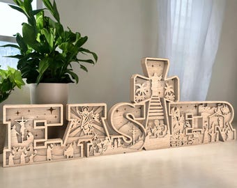 Handcrafted Wooden Easter Nativity Scene – Rustic Christian Home Decor, Religious Resurrection Decoration, Handmade Wooden Wall Art