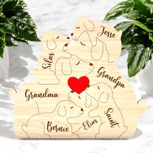 Personalized Wooden Dog Family Puzzle, Custom Wooden Puppy Name Sign for Dad Grandpa, Wooden Animal Puzzle, Heart Dog Decor Gift