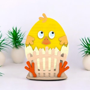 Fun Spring Holiday Gift, Colorful Wooden Chick Decor, Chick Egg Basket Wooden Decor | Cute Easter Chick Decoration |